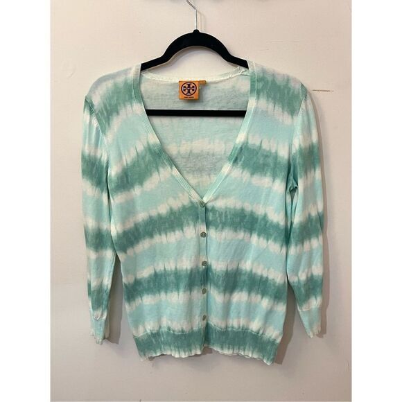 Tory Burch Theo Cardigan Mint White Shibori Tie Dye Striped L - Picture 2 of 5
